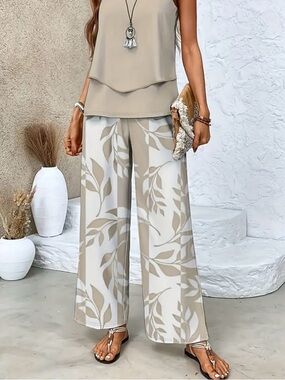 Women's Beige Leaf-Print Wide Leg Pants